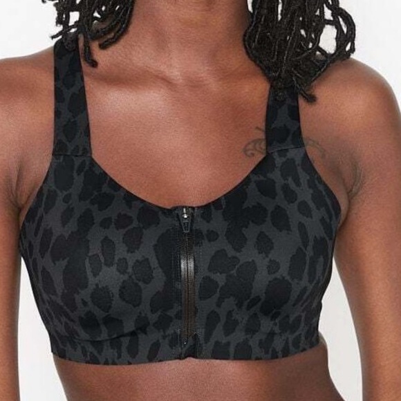Victoria's Secret Knockout Front Zip Sports Bra NWT 38 DDD Carbon Leopard Print - Picture 1 of 15